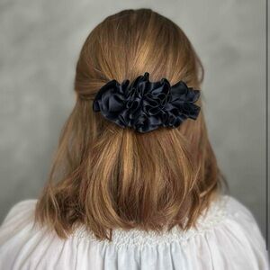 Vintage Silky French Hair Bow Ribbon Ruffle Hair Clip Barrette Navy Blue